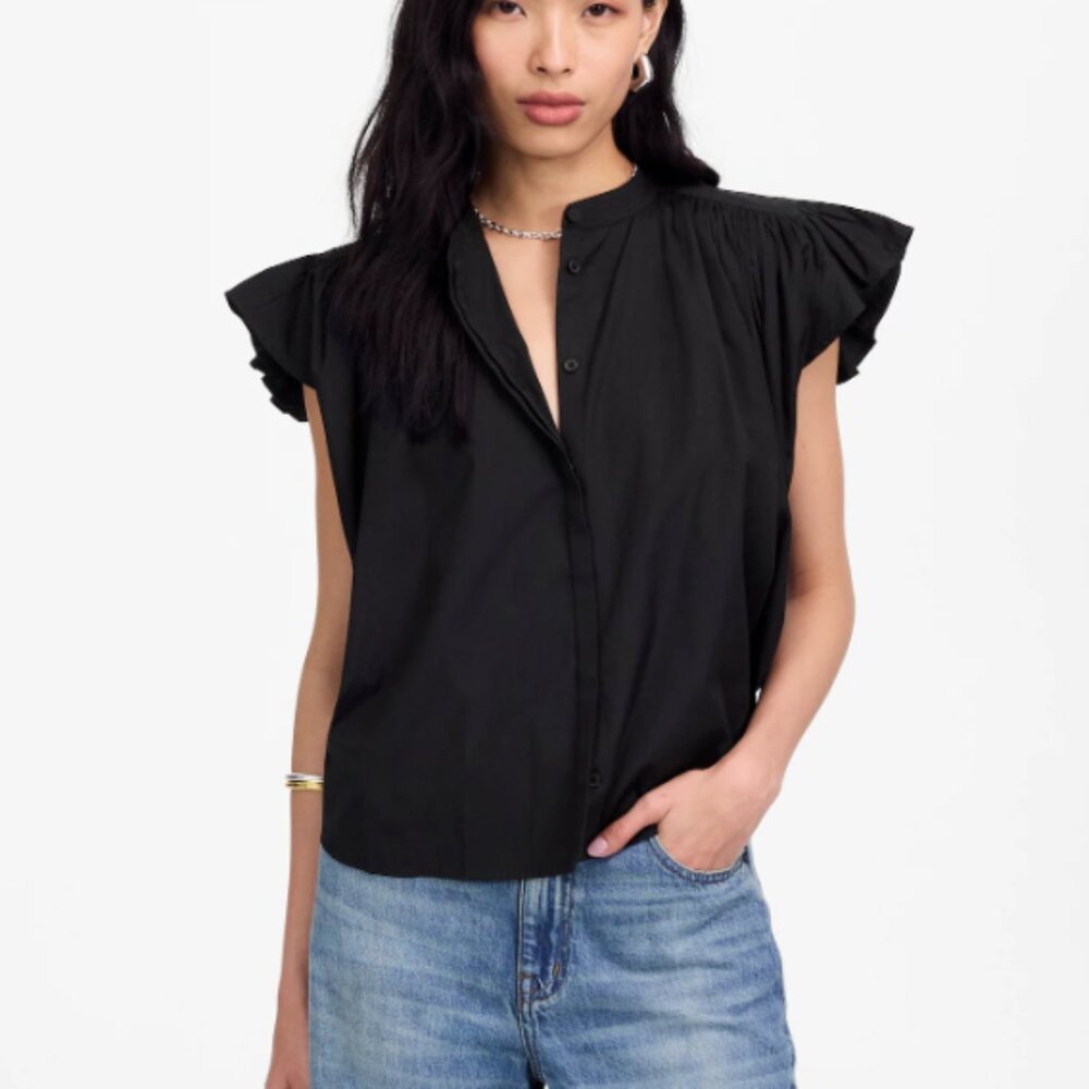 Poplin Shirred Button-Up Shirt